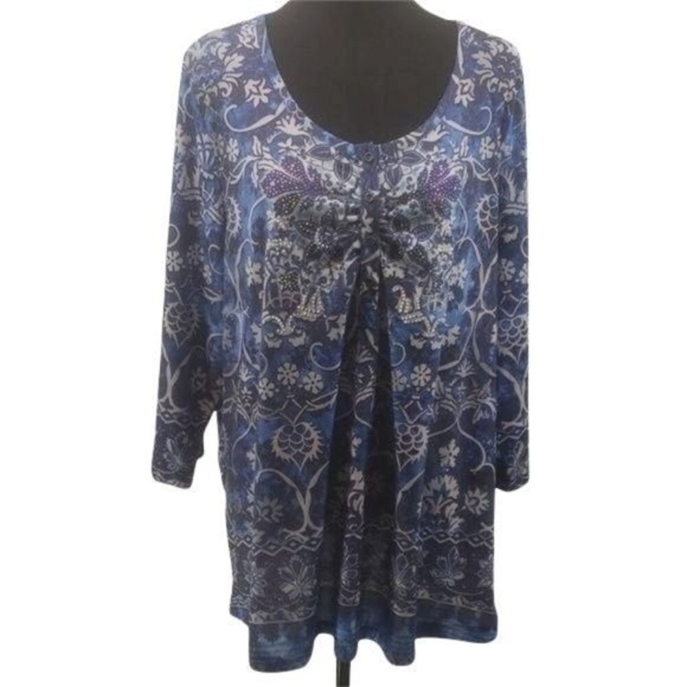 Avenue Blue & White Paisley Embellished 3/4 Sleeve Top Size 22/24